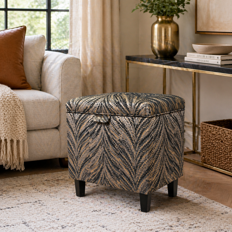 Clearance Tall Storage Ottoman Box in a Luxor Lava Charcoal Fabric