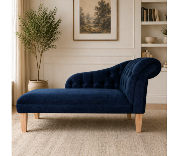 52" Medium Buttoned Chaise Longue in Aqua Clean Scala Navy Fabric