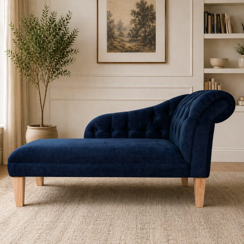 52" Medium Buttoned Chaise Longue in Aqua Clean Scala Navy Fabric