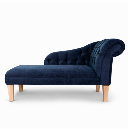 52" Medium Buttoned Chaise Longue in Aqua Clean Scala Navy Fabric