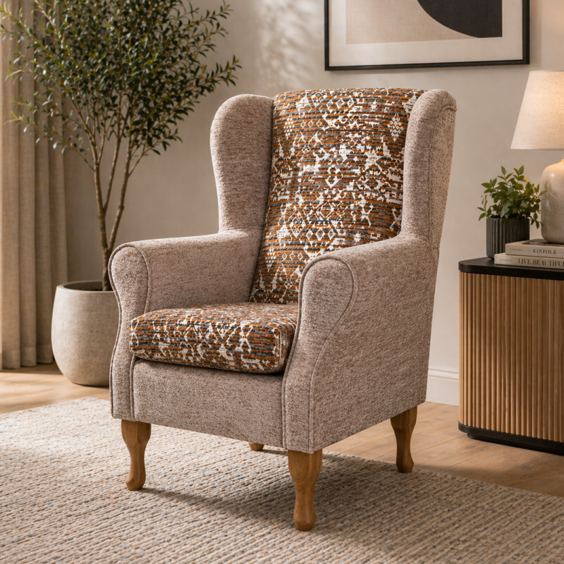 Clearance Standard Wingback Westoe Chair in a Combination of Oat Lusaka & Celadon Fabrics