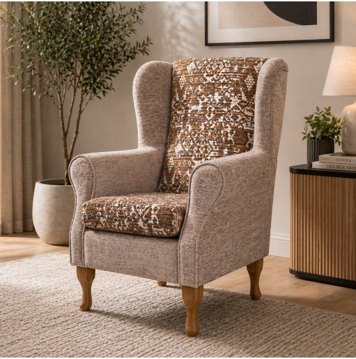 Clearance Standard Wingback Westoe Chair in a Combination of Oat Lusaka & Celadon Fabrics
