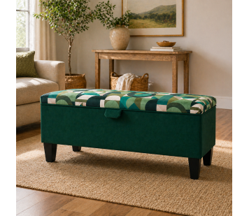 Clearance Storage Bench Stool in Green Geometrica Velvet Fabric