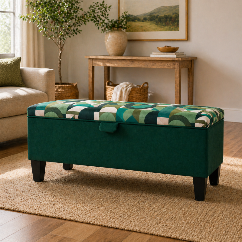 Clearance Storage Bench Stool in Green Geometrica Velvet Fabric Clearance Storage Bench Stool in Green Geometrica Velvet Fabric