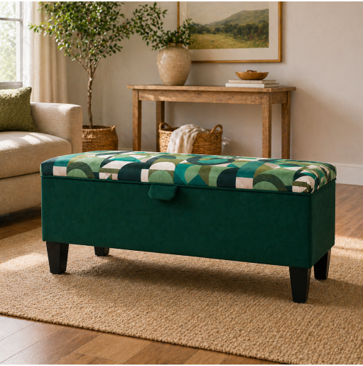 Clearance Storage Bench Stool in Green Geometrica Velvet Fabric