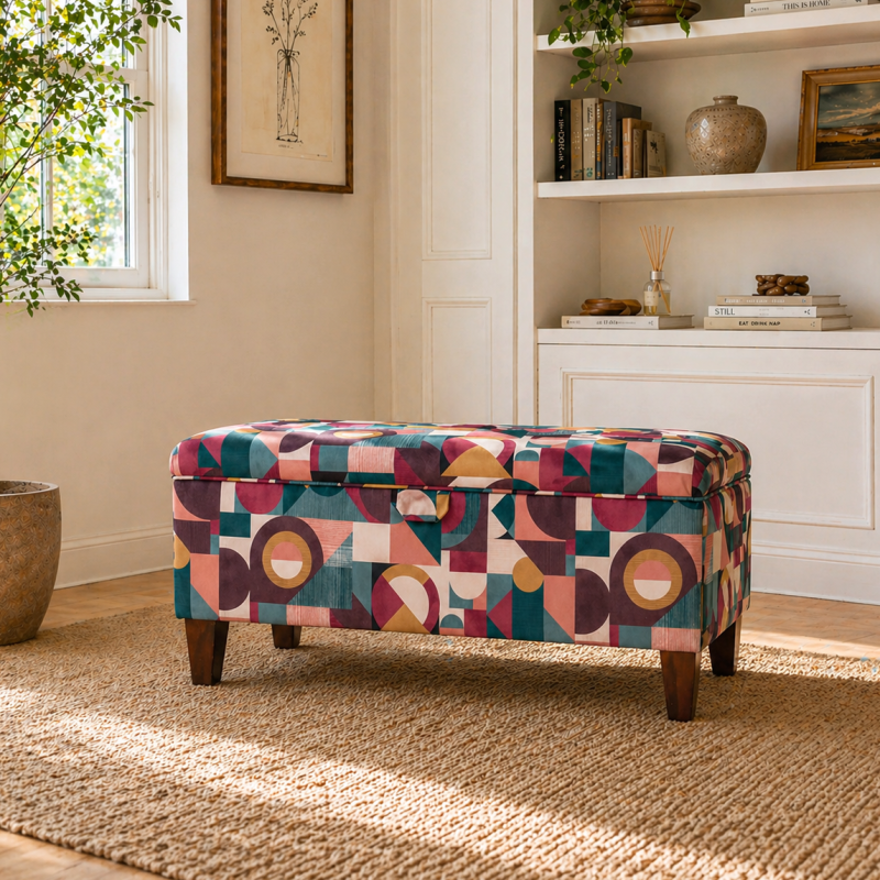 Clearance Storage Bench Stool in Purple Geormetrica Velvet Fabric