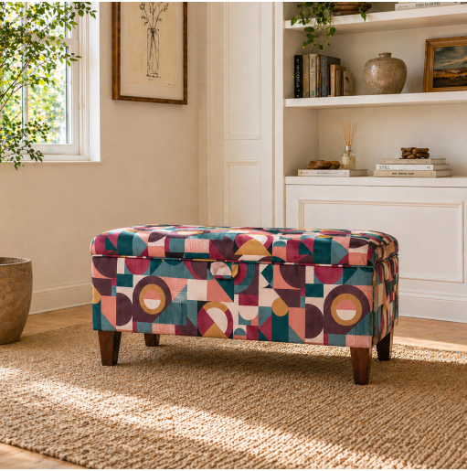 Clearance Storage Bench Stool in Purple Geormetrica Velvet Fabric