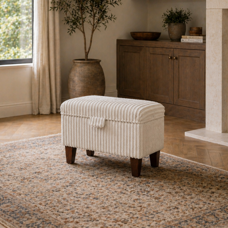 Clearance Storage Ottoman in a Beige Jumbo Cord Fabric Clearance Storage Ottoman in a Beige Jumbo Cord Fabric