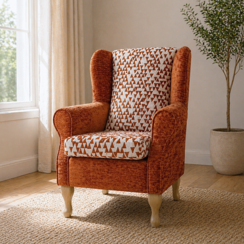 Clearance Standard Wingback Chair in a Combination Orange Padar & Celadon Fabrics Clearance Standard Wingback Chair in a Combination Orange Padar & Celadon Fabrics