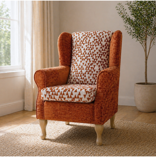 Clearance Standard Wingback Chair in a Combination Orange Padar & Celadon Fabrics