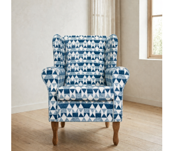 Clearance Standard Wingback Chair in a Blue Geometrical Chenille Fabric