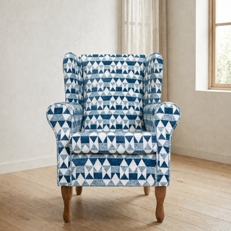 Clearance Standard Wingback Chair in a Blue Geometrical Chenille Fabric