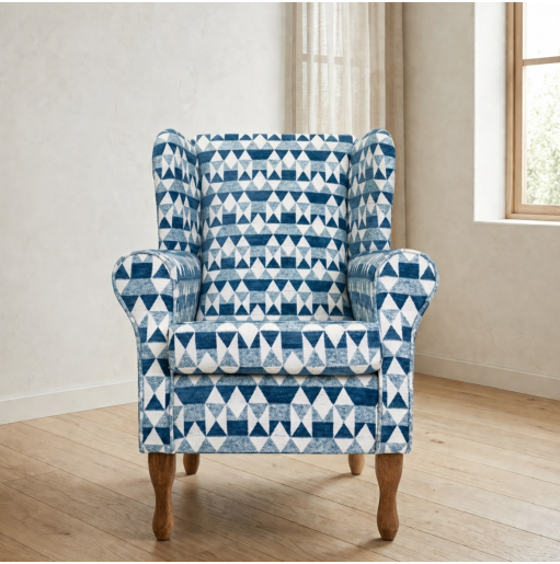 Clearance Standard Wingback Chair in a Blue Geometrical Chenille Fabric