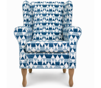 Clearance Standard Wingback Chair in a Blue Geometrical Chenille Fabric