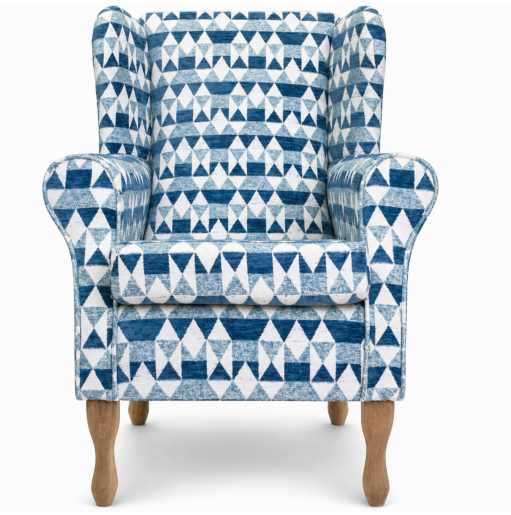 Clearance Standard Wingback Chair in a Blue Geometrical Chenille Fabric