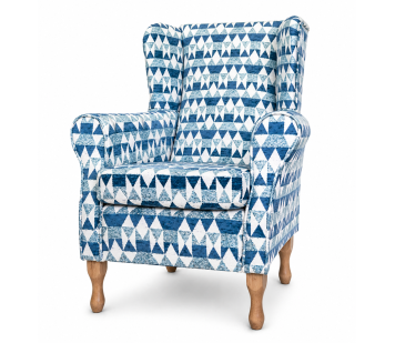 Clearance Standard Wingback Chair in a Blue Geometrical Chenille Fabric