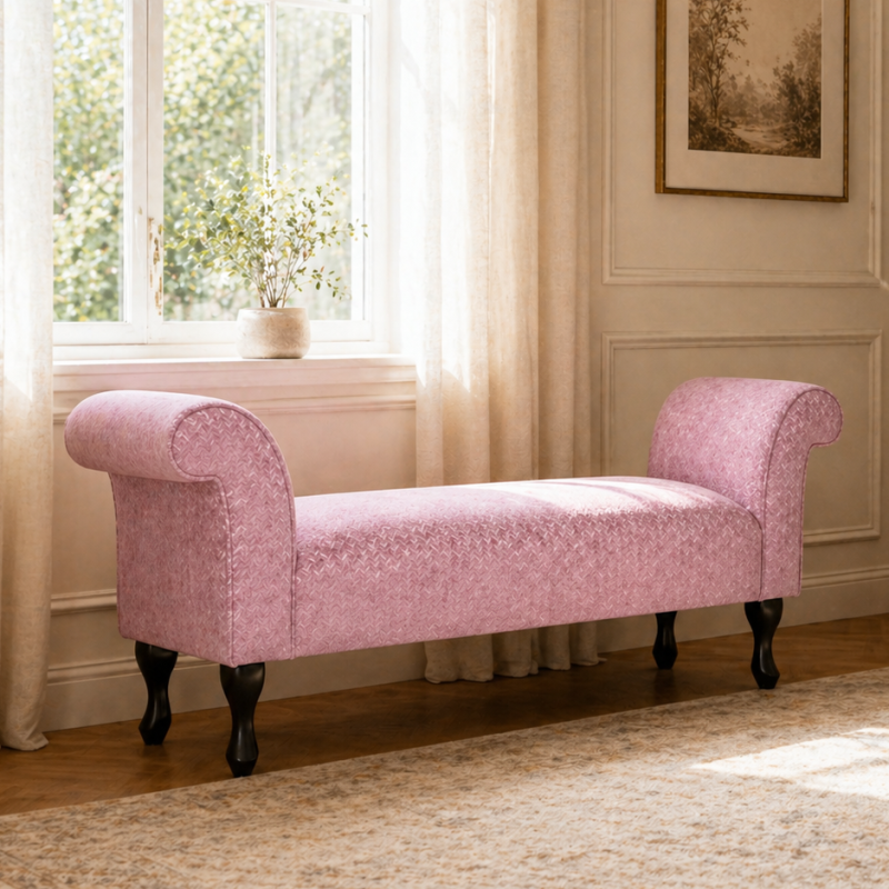 56" Medium Window Seat Settle in Pink Livorno Powder Chenille Fabric