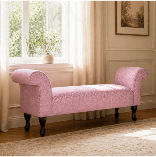 56" Medium Window Seat Settle in Pink Livorno Powder Chenille Fabric