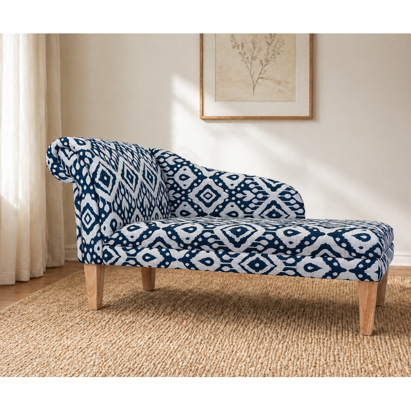 52" Medium Chaise Longue in Blue Marrakech Ink Cotton Fabric