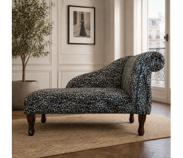 41" Mini Chaise Longue in a Leopard Print Velboa Faux Fur Fabric with Studding