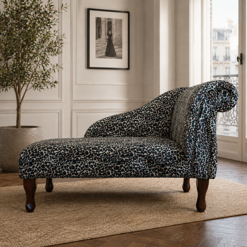 41" Mini Chaise Longue in a Leopard Print Velboa Faux Fur Fabric with Studding 41" Mini Chaise Longue in a Leopard Print Velboa Faux Fur Fabric with Studding