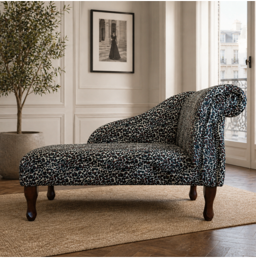 41" Mini Chaise Longue in a Leopard Print Velboa Faux Fur Fabric with Studding