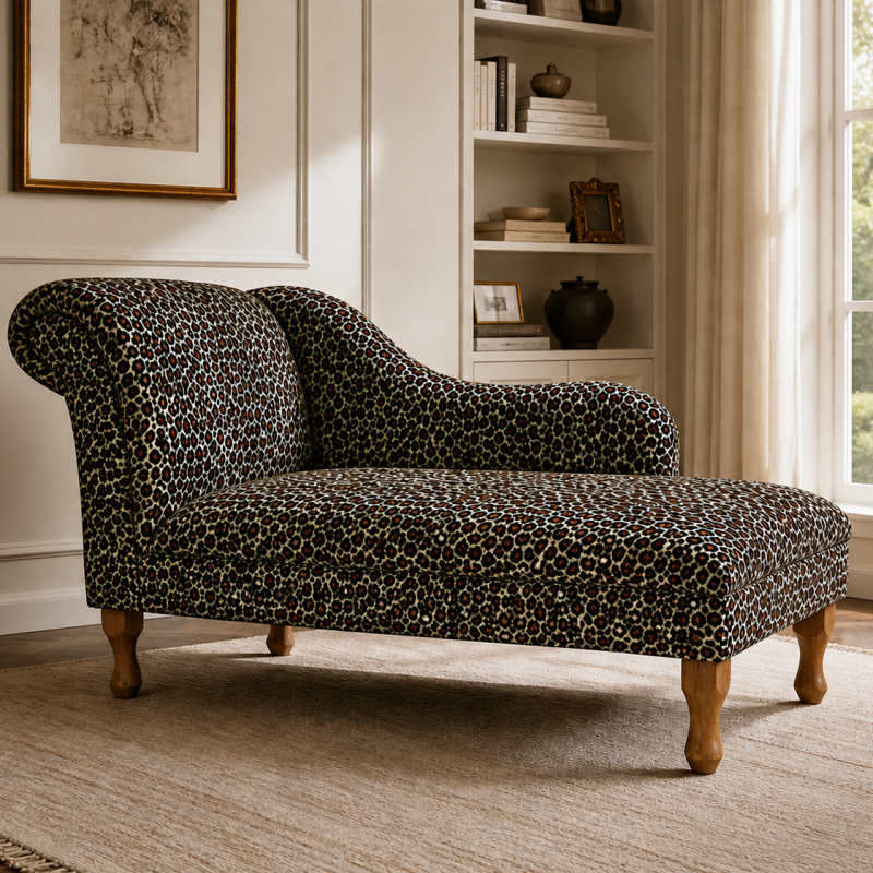 60" Large Chaise Longue in a Leopard Print Faux Fur Velboa Fabric