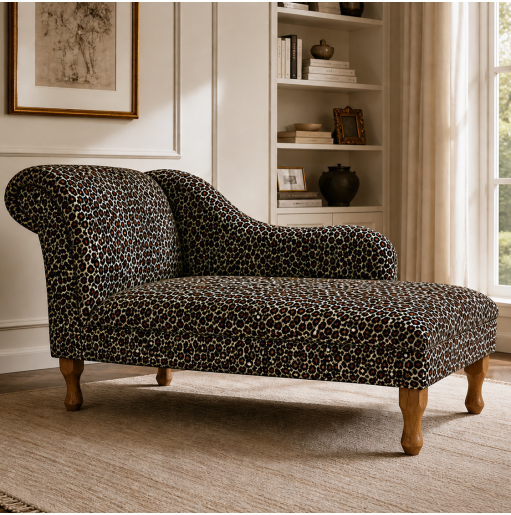 60" Large Chaise Longue in a Leopard Print Faux Fur Velboa Fabric