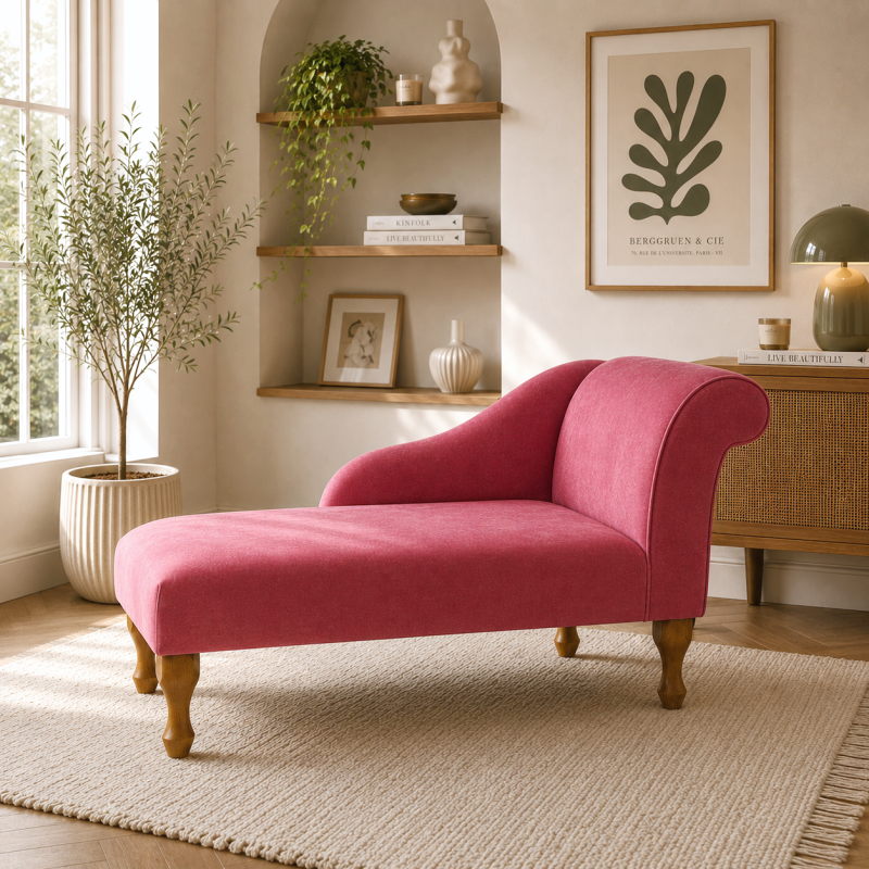 Right Facing 41" Chaise Longue in a Plush Flamingo Pink Fabric