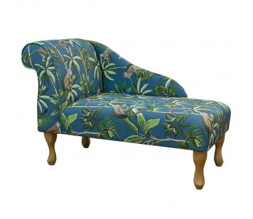 Left Facing 41" Chaise Longue in a Monkey Teal Print Fabric