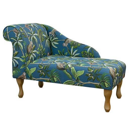 Left Facing 41" Chaise Longue in a Monkey Teal Print Fabric
