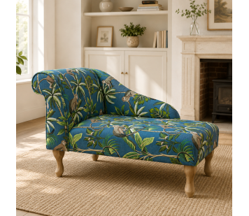 Left Facing 41" Chaise Longue in a Monkey Teal Print Fabric