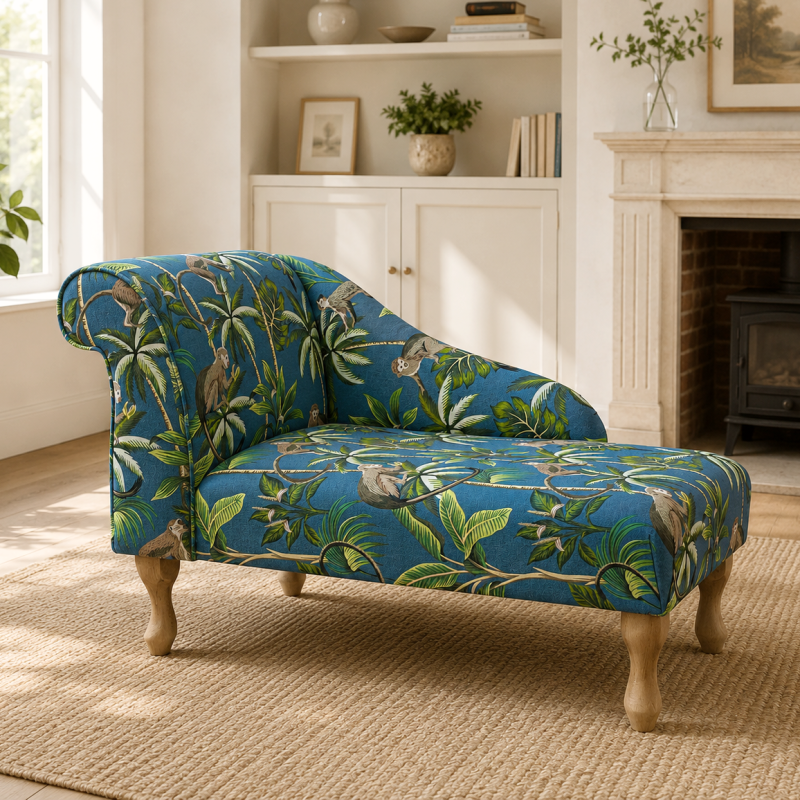 Left Facing 41" Chaise Longue in a Monkey Teal Print Fabric Left Facing 41" Chaise Longue in a Monkey Teal Print Fabric
