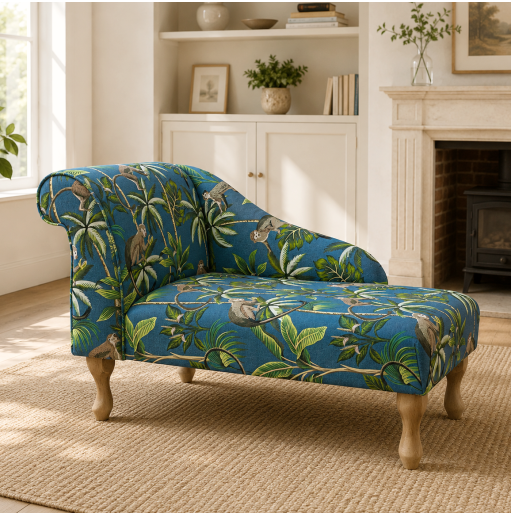 Left Facing 41" Chaise Longue in a Monkey Teal Print Fabric