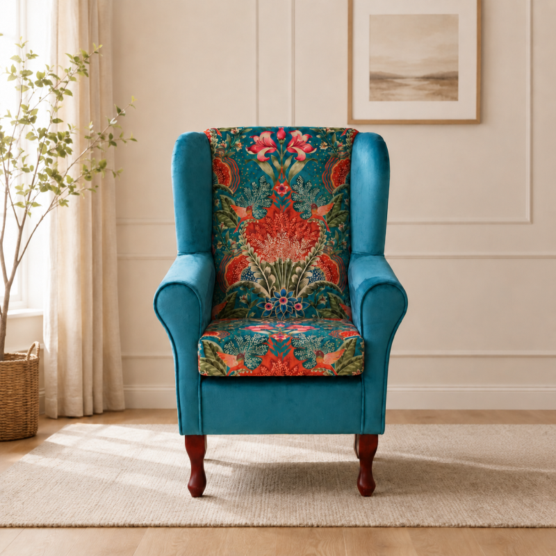 Clearance Standard Wingback Chair in a Combination Babooshka & Monaco Fabrics Clearance Standard Wingback Chair in a Combination Babooshka & Monaco Fabrics