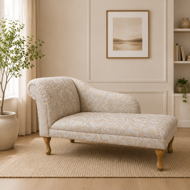 Clearance 52" Medium Chaise Longue in Woburn Medallion Gold Fabric
