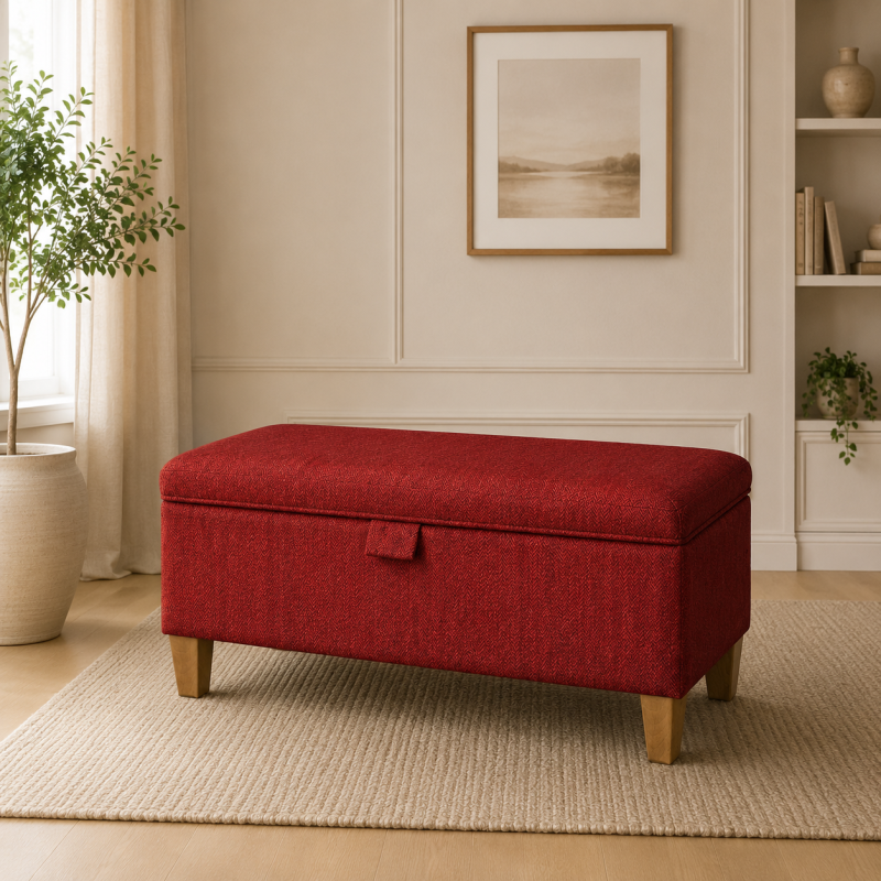 Clearance Storage Bench Stool in Scenario Chilli Herringbone Chenille Fabric