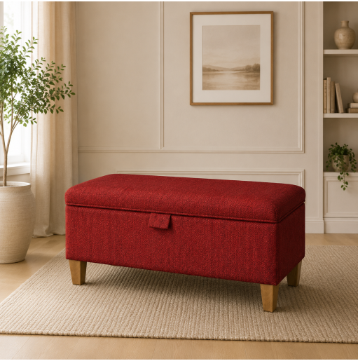 Clearance Storage Bench Stool in Scenario Chilli Herringbone Chenille Fabric