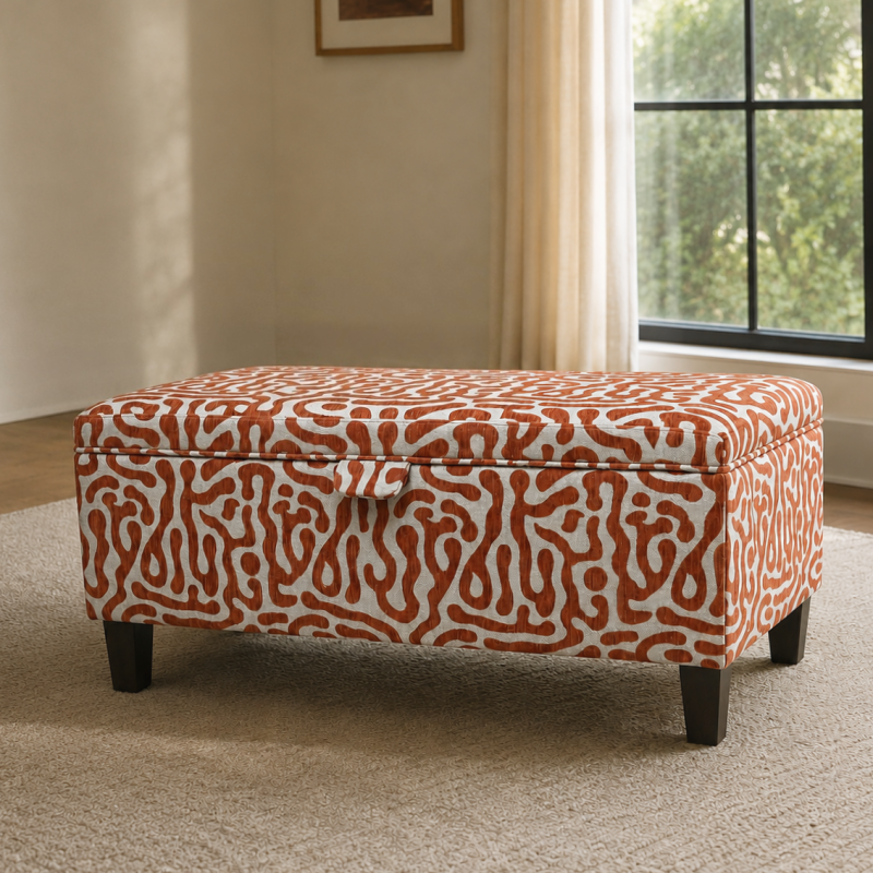 Clearance Storage Bench Stool in Rosso Fluid Orange Fabric