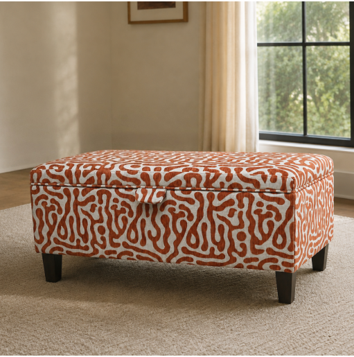 Clearance Storage Bench Stool in Rosso Fluid Orange Fabric