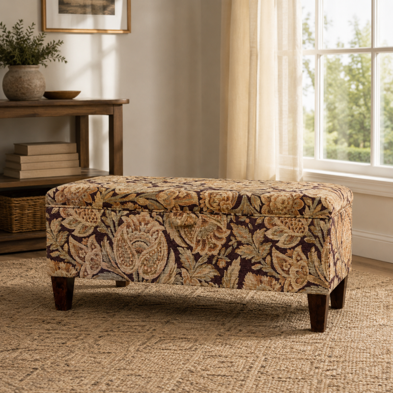 Clearance Storage Bench Stool in Chenille Floral Pattern Fabric