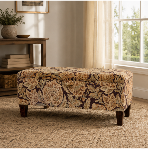 Clearance Storage Bench Stool in Chenille Floral Pattern Fabric