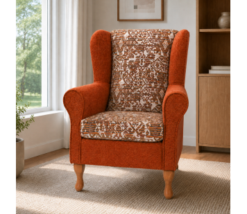 Clearance Standard Wingback Chair in a Combination of Orange Lusaka & Celadon Fabrics