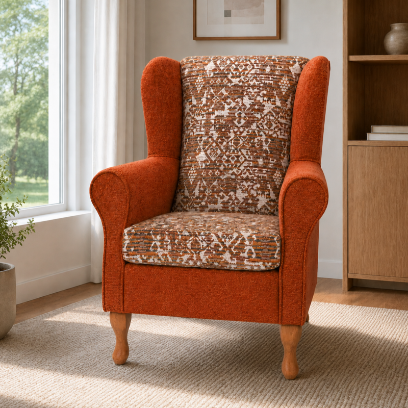 Clearance Standard Wingback Chair in a Combination of Orange Lusaka & Celadon Fabrics
