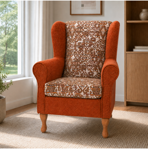 Clearance Standard Wingback Chair in a Combination of Orange Lusaka & Celadon Fabrics