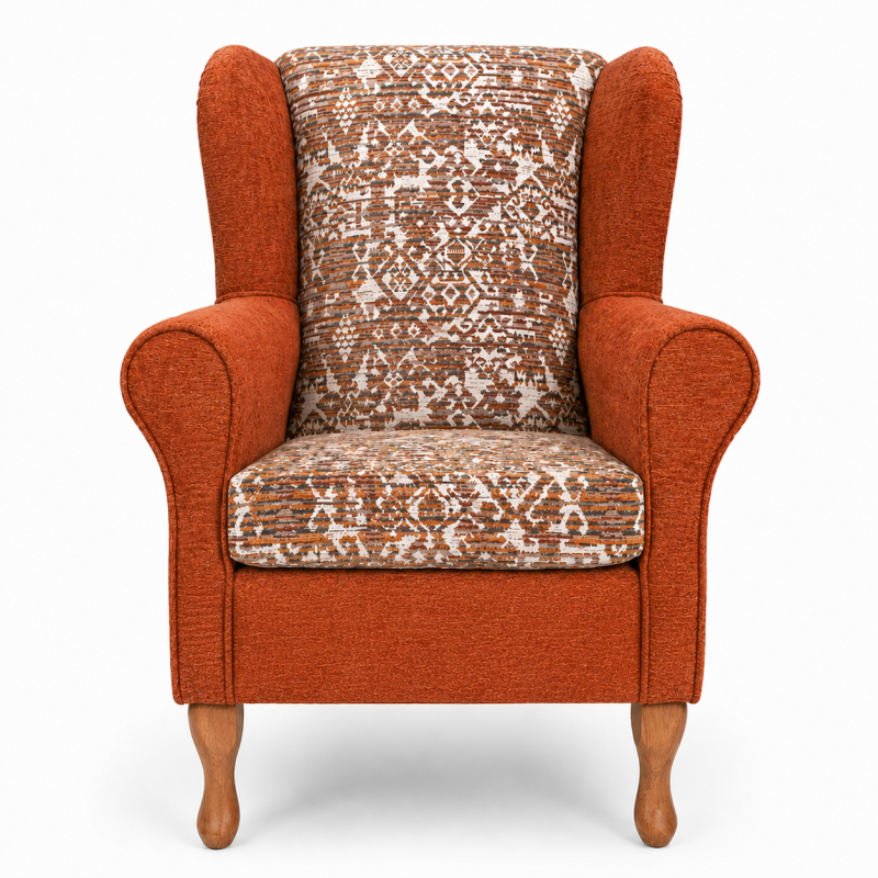 Standard Wingback Chair in a Combination of Orange Lusaka & Celadon|Beaumont