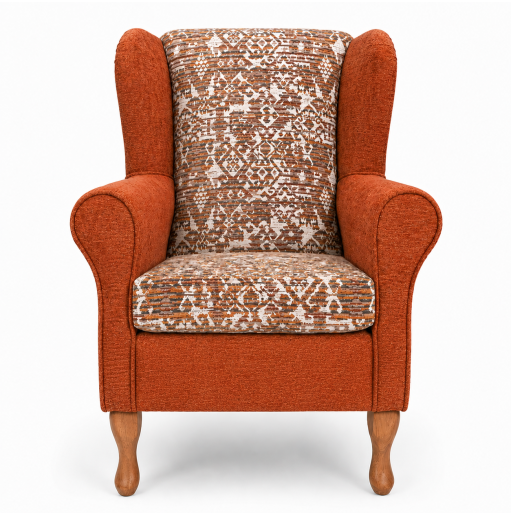 Clearance Standard Wingback Chair in a Combination of Orange Lusaka & Celadon Fabrics