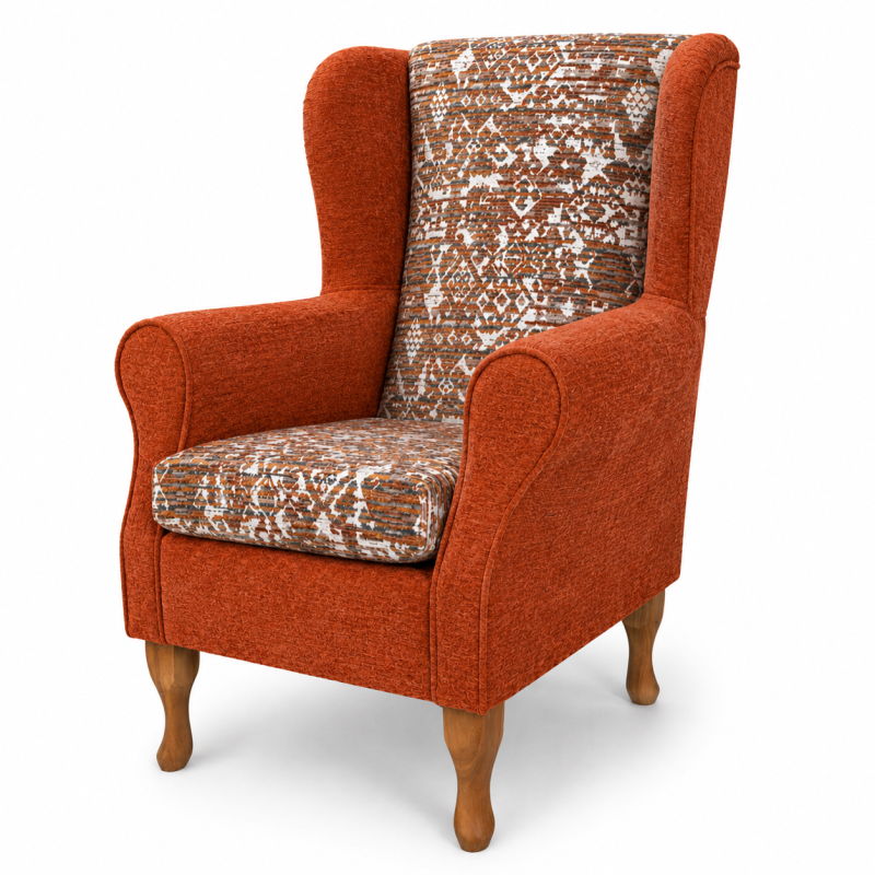 Standard Wingback Chair in a Combination of Orange Lusaka & Celadon|Beaumont
