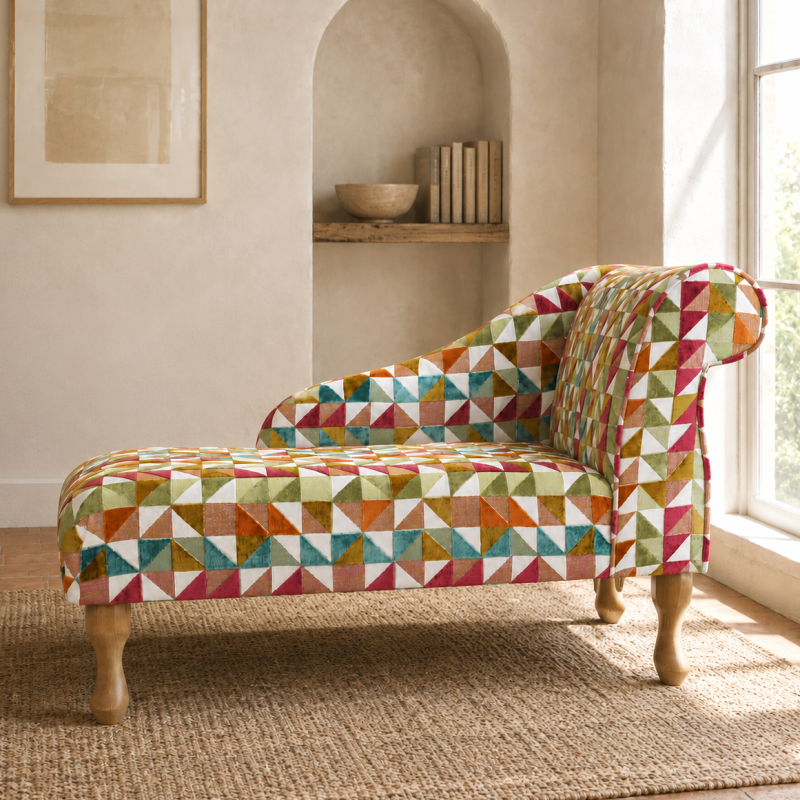LUXE Mini Chaise Longue in Venezia Multi Geometric Fabric LUXE Mini Chaise Longue in Venezia Multi Geometric Fabric