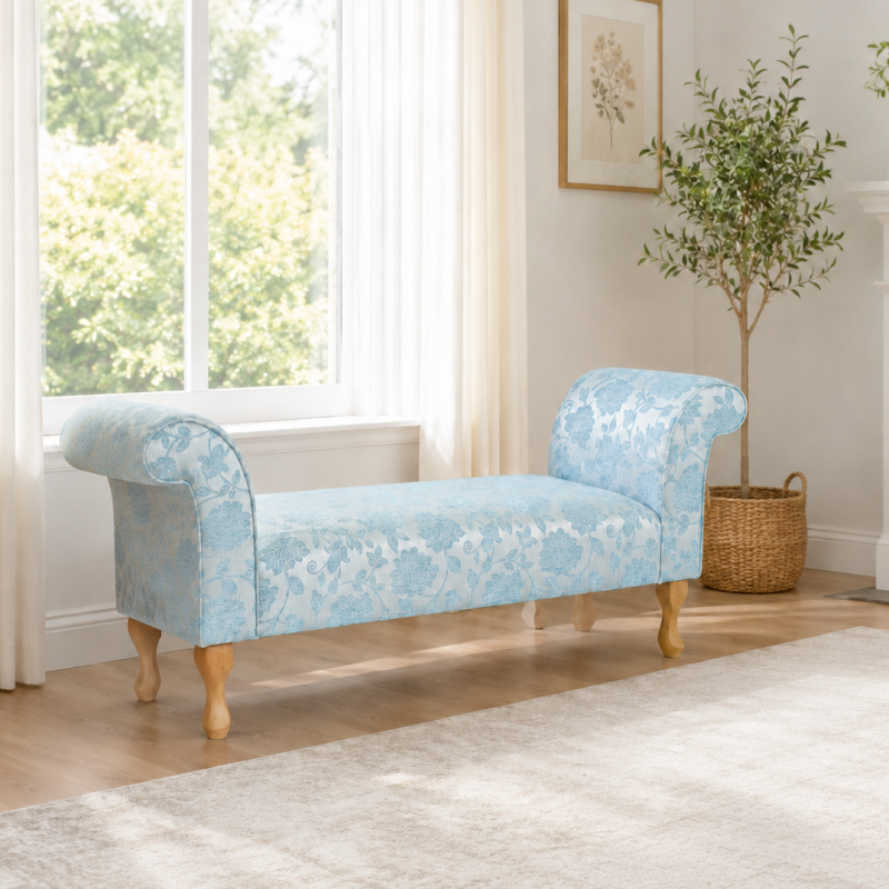 Medium Window Seat Settle in Woburn Floral Blue Fabric Medium Window Seat Settle in Woburn Floral Blue Fabric